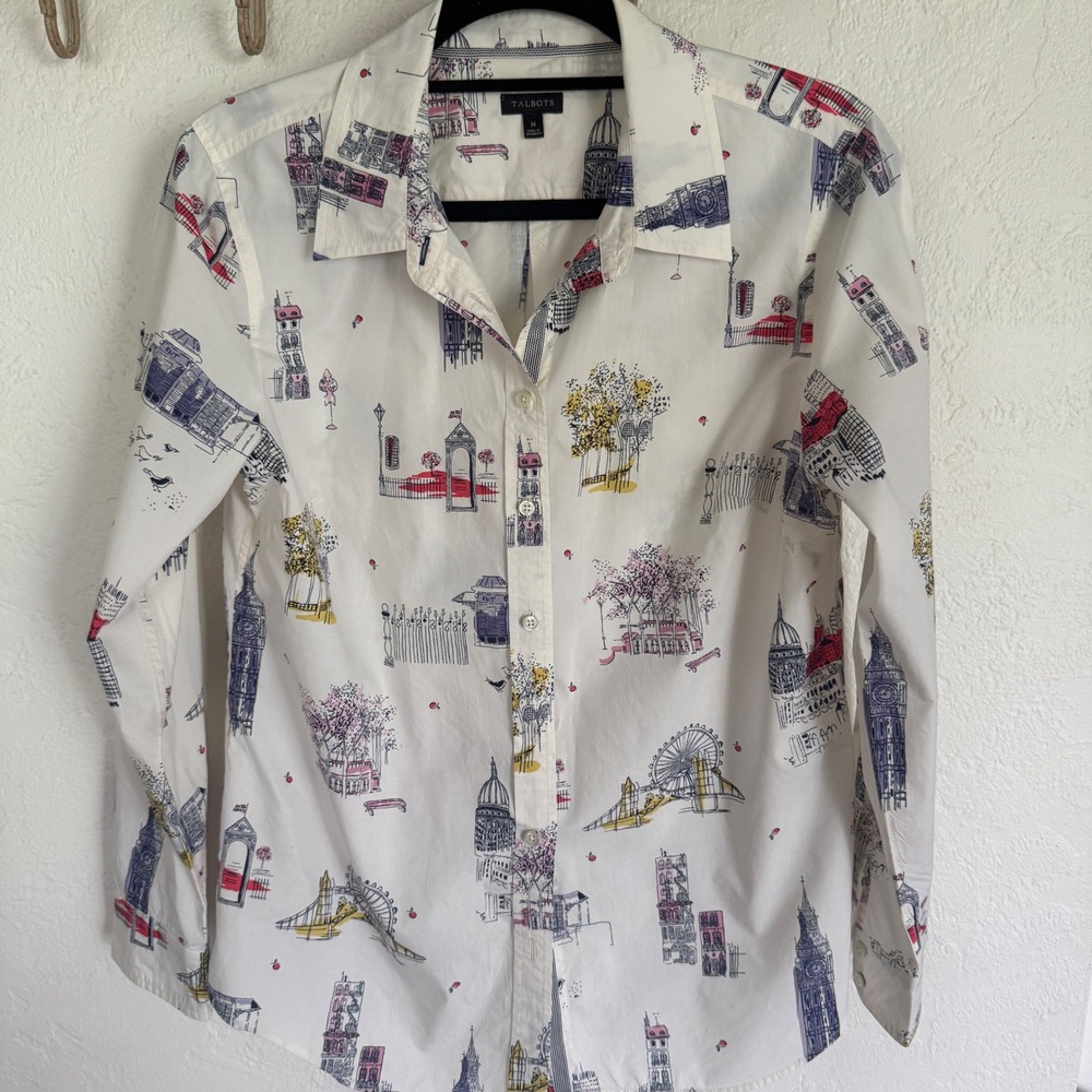Talbots Womens London Landmark Novelty Print Button Down Shirt White Size M Long